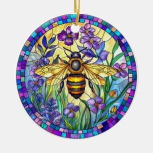 BRIGHTLY COLORED STAINED GLASS HONEY BEE CERAMIC ORNAMENT