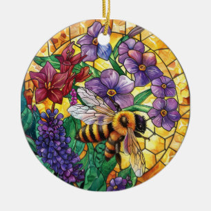 BRIGHTLY COLORED STAINED GLASS HONEY BEE CERAMIC ORNAMENT