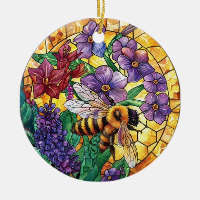 BRIGHTLY COLORED STAINED GLASS HONEY BEE CERAMIC ORNAMENT (Front)