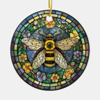 BRIGHTLY COLORED STAINED GLASS HONEY BEE CERAMIC ORNAMENT