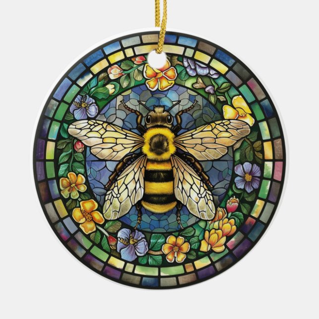 BRIGHTLY COLORED STAINED GLASS HONEY BEE CERAMIC ORNAMENT (Front)