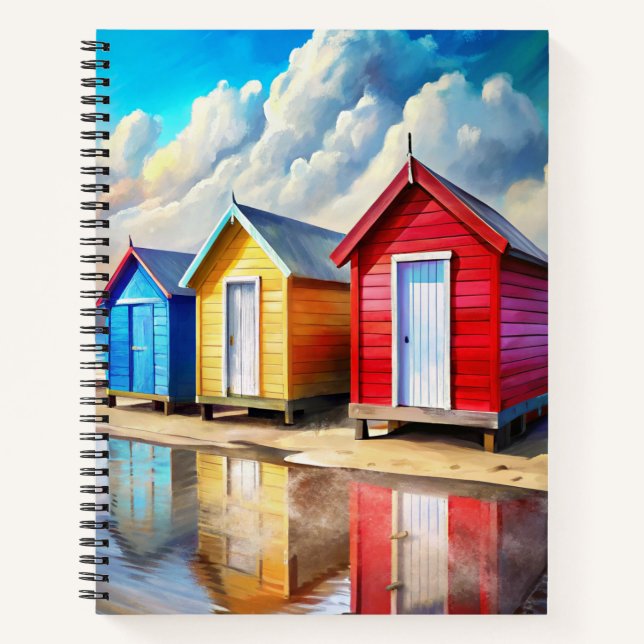BRIGHTLY COLORED SUMMER BEACH HUTS NOTEBOOK (Front)