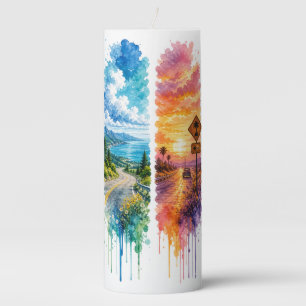 BRIGHTLY COLORED SUMMER BEACH THEMED BRUSHSTROKES PILLAR CANDLE