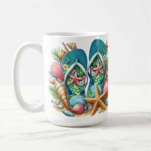 BRIGHTLY COLORED SUMMER FLIP FLOPS WITH SEASHELLS COFFEE MUG