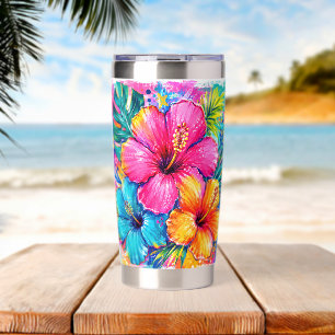 BRIGHTLY COLORED SUMMER TROPICAL HIBISCUS FLOWERS INSULATED TUMBLER
