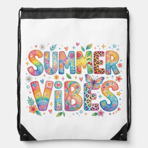 BRIGHTLY COLORED TRAVEL VACATION THEMED SAYINGS DRAWSTRING BAG