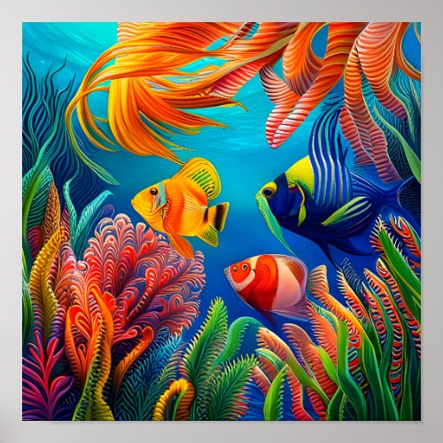 Brightly colored  tropical fish in coral reef poster