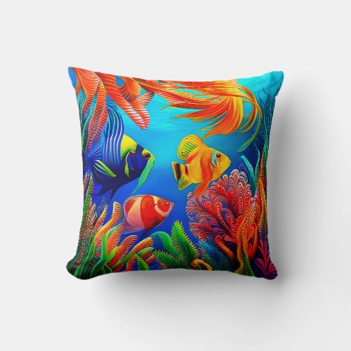 Brightly colored  tropical fish in coral reef throw pillow