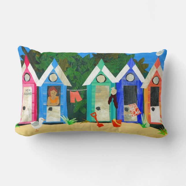 Brightly Coloured Beach Huts, Seagulls and Sand Lumbar Pillow (Front)