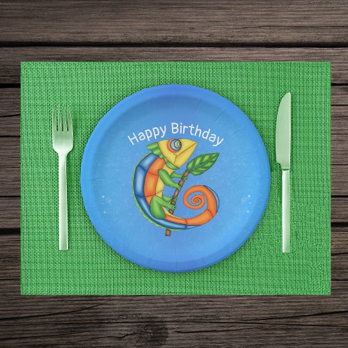 Brightly Coloured Cartoon Lizard Leaf Birthday Paper Plates