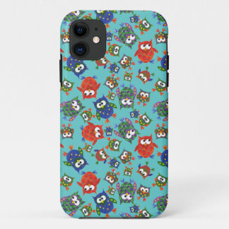 Brightly Coloured Cute Owls on Turquoise iPhone 11 Case