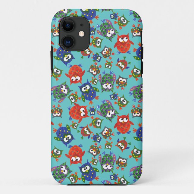 Brightly Coloured Cute Owls on Turquoise Case-Mate iPhone Case (Back)