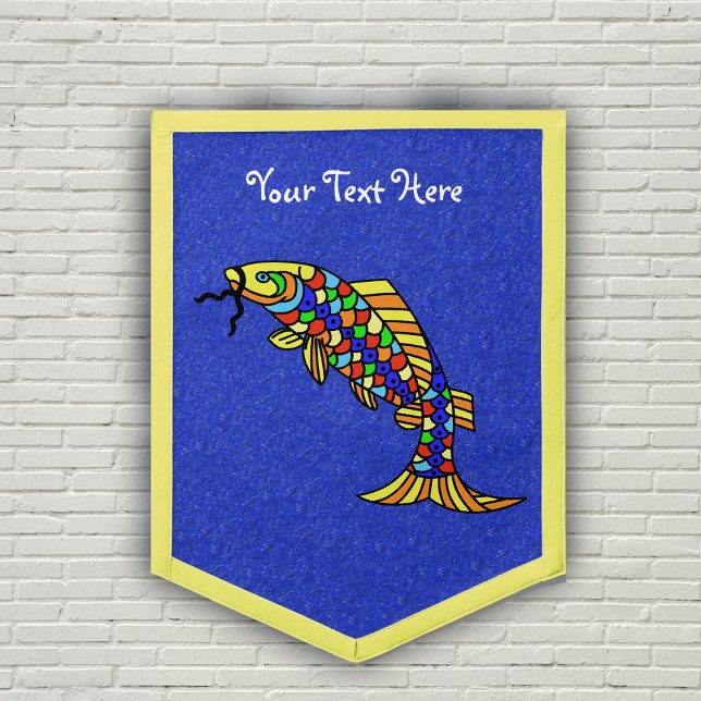 Brightly Coloured Fantasy Fish on Deep Blue Pennant (Fantasy fish with bright colourful scales and yellow face on dark vibrant blue wall pennant.)