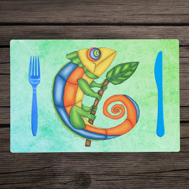 Brightly Coloured Fantasy Lizard Leaf Blue Green Placemat (Fund kids fantasy colourful lizard holding branch with leaf on blue green table placemat.)