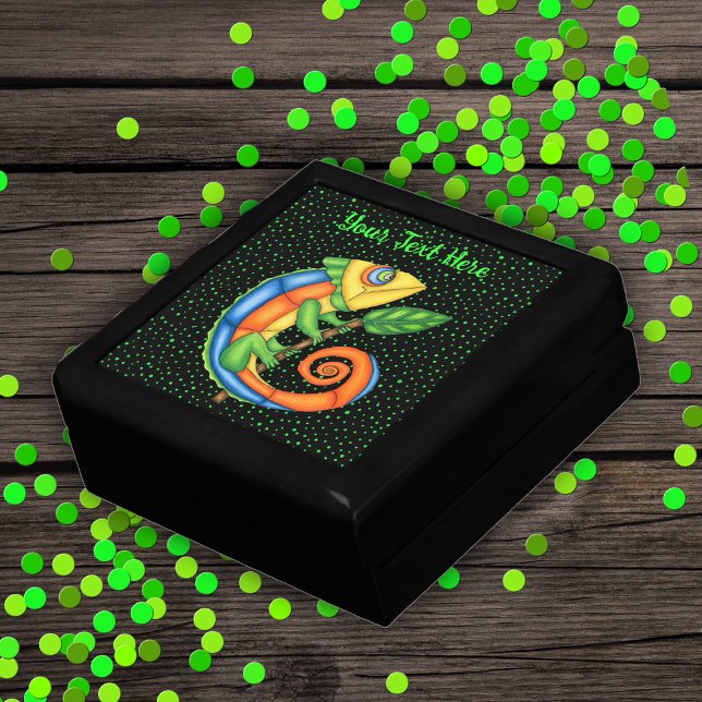 Brightly Coloured Fantasy Lizard Leaf Green Dots Gift Box (Cute brightly coloured lizard with leaf on black with vibrant green dots wood gift or trinket box.)