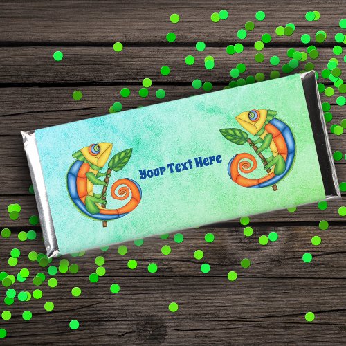 Brightly Coloured Fantasy Lizards on Blue Green Hershey Bar Favors