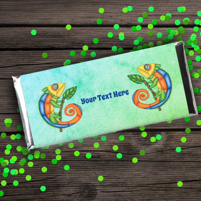 Brightly Coloured Fantasy Lizards on Blue Green Hershey Bar Favors (Colourful fantasy lizards on blue green Hershey bar wrappers for party favors.)