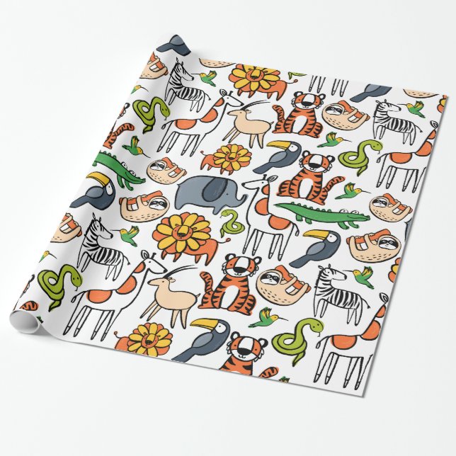 Brightly Coloured Safari Animals Wrapping Paper (Unrolled)