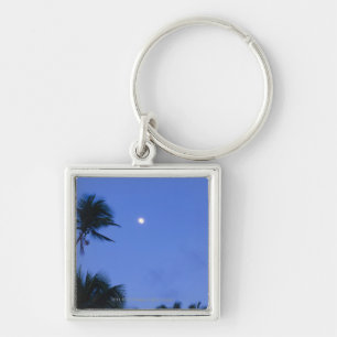 Brightly lit moon, silhouette of coconut trees keychain