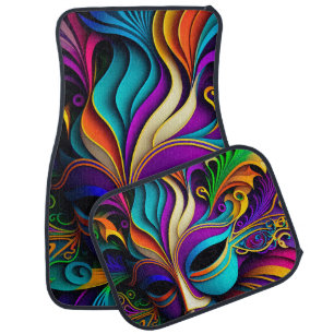 BRIGHTLY ORNATE COLORED MARDI GRAS MASK CAR FLOOR MAT