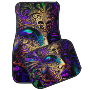 BRIGHTLY ORNATE COLORED MARDI GRAS MASK CAR FLOOR MAT