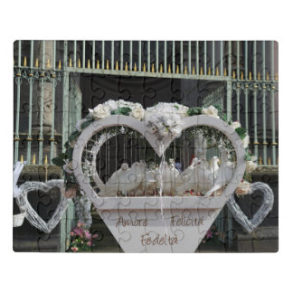 Brightly white pigeons wait in a decorated jigsaw puzzle