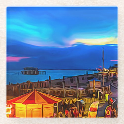 Brighton and Hove Beach  Sunset Digital Painting Glass Coaster