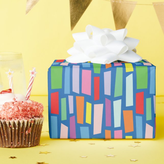 Brights on Blue Broken Rectangle Mosaic Pattern Wrapping Paper (Birthday Party)