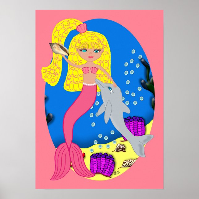 Brigit the Pink Mermaid and Dolphin Poster (Front)