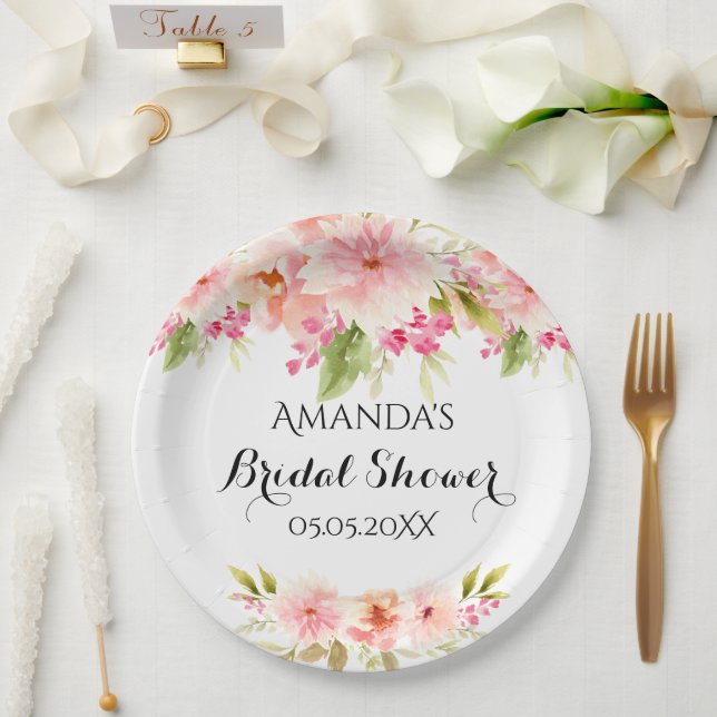 Briidal shower blush pink florals white name paper plates (Wedding)