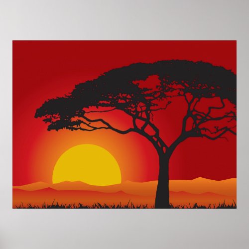 Briliiant Red Sunset Under The Bonsai Tree Poster