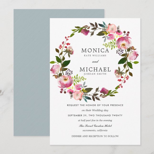 Brilliant  Bloom | Elegant Floral Wreath  wedding Invitation (Front/Back)
