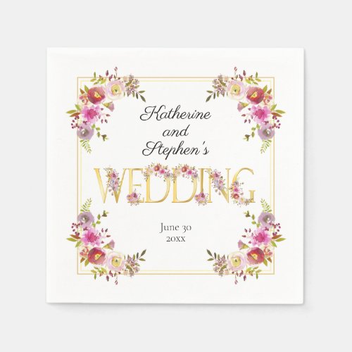 Brilliant Blooms  Gold Letters Watercolor Wedding Napkins