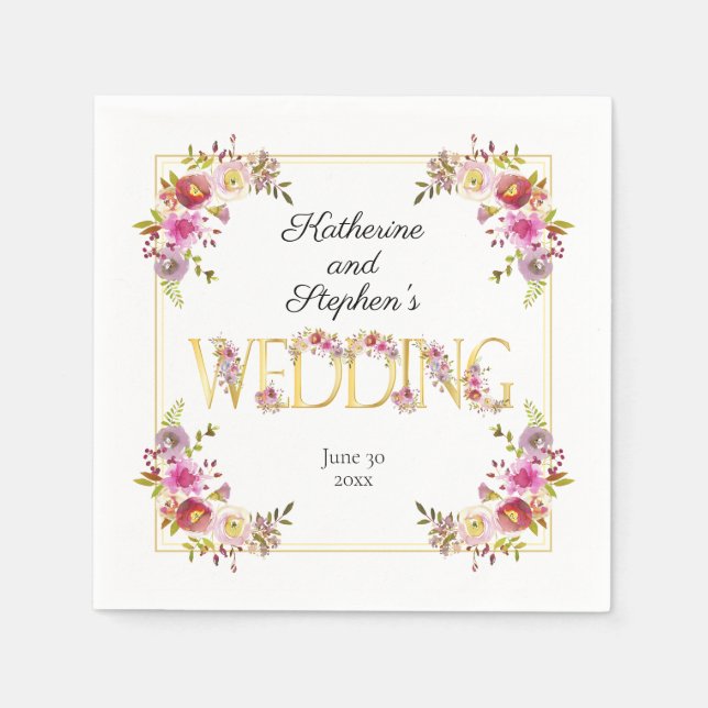 Brilliant Blooms | Gold Letters Watercolor Wedding Napkins (Front)