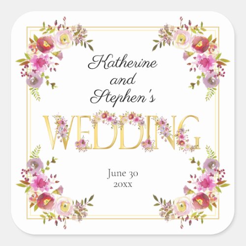 Brilliant Blooms  Gold Letters Watercolor Wedding Square Sticker