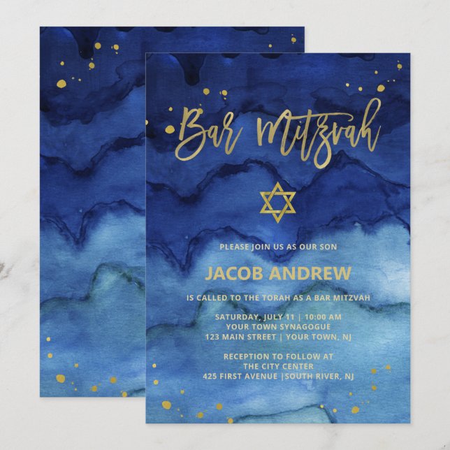 Brilliant Blue and Faux Gold Bar Mitzvah Invitation (Front/Back)