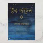 Brilliant Blue and Gold Bar Mitzvah Foil Invitation<br><div class="desc">These colorful,  modern Bar Mitzvah invitations feature a trendy bold blue watercolor background with gold foil handwritten script,  Star of David,  and accents.</div>