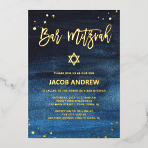 Brilliant Blue and Gold Bar Mitzvah Foil Invitation