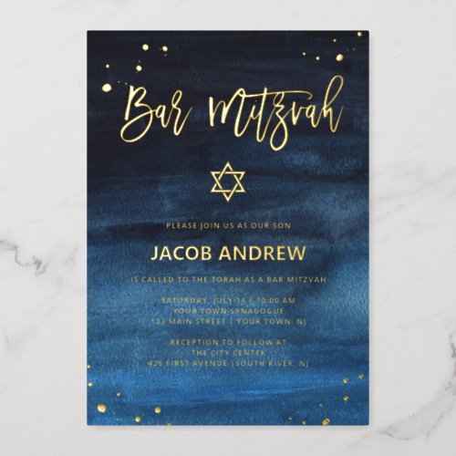 Brilliant Blue and Gold Bar Mitzvah Foil Invitation