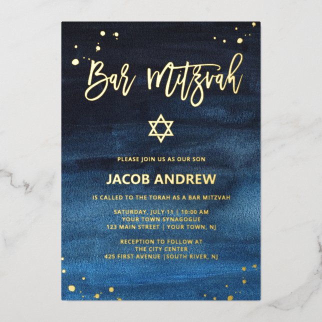 Brilliant Blue and Gold Bar Mitzvah Foil Invitation (Front)