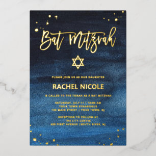 Brilliant Blue and Gold Bat Mitzvah Foil Invitation