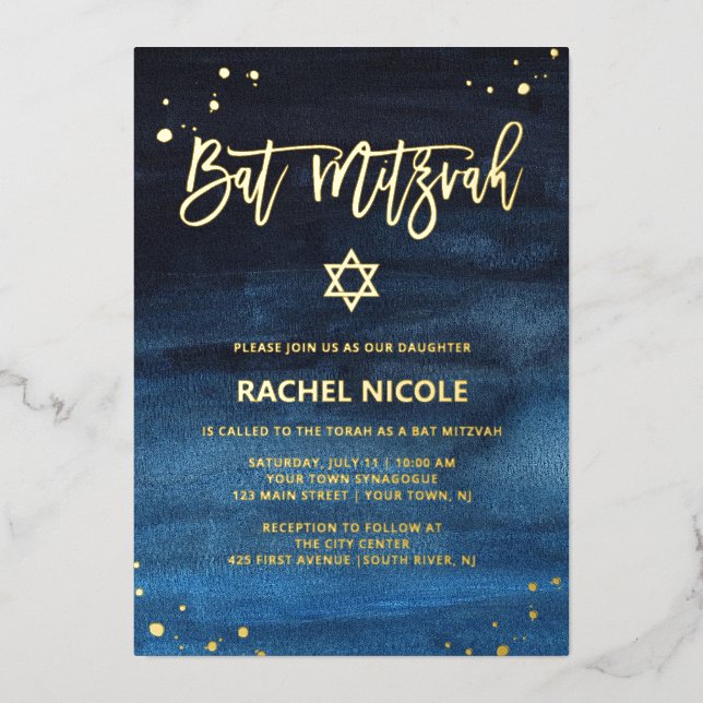 Brilliant Blue and Gold Bat Mitzvah Foil Invitation (Front)