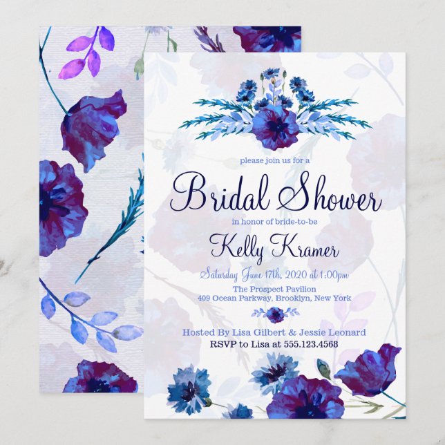 Brilliant Blue Poppies Bridal Shower Invitations (Front/Back)