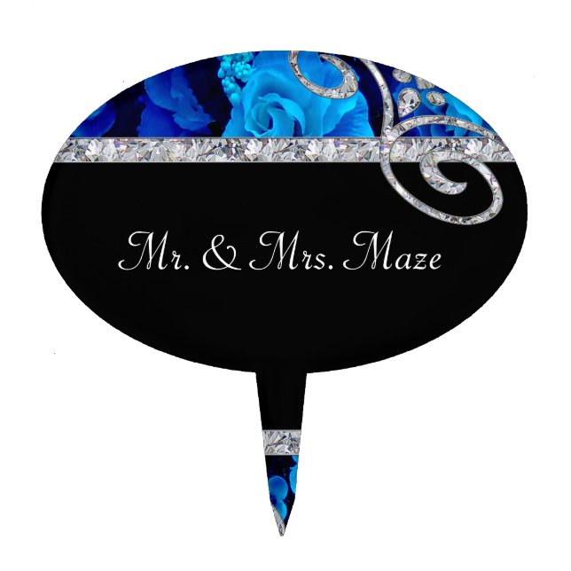 Brilliant Blue Roses & Diamond Swirls Wedding Cake Topper (Front)