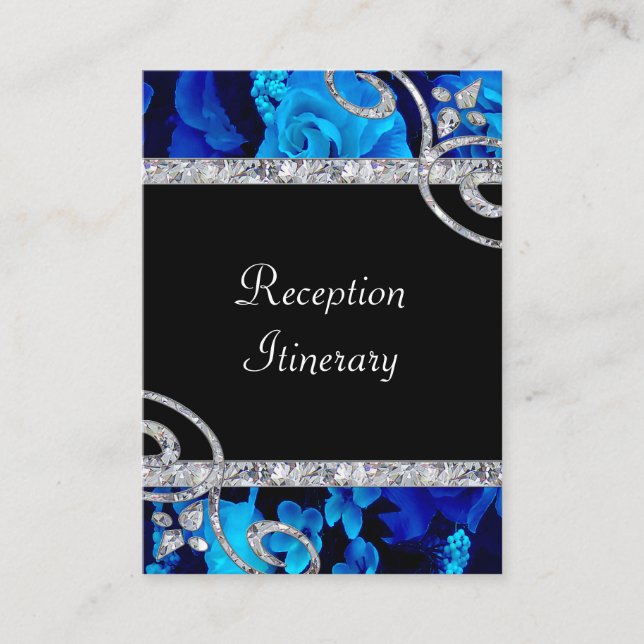 Brilliant Blue Roses & Diamond Swirls Wedding Enclosure Card (Front)