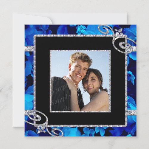 Brilliant Blue Roses &amp; Diamond Swirls Wedding Custom Invitations