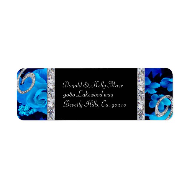 Brilliant Blue Roses & Diamond Swirls Wedding Label (Front)