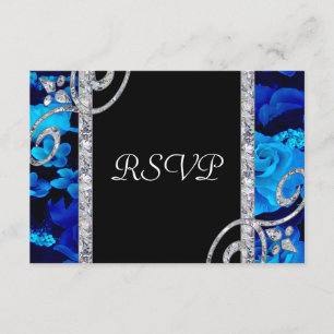 Brilliant Blue Roses & Diamond Swirls Wedding RSVP Card