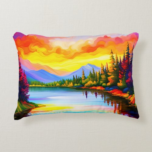 Brilliant colored drawing of sunset over lake accent pillow