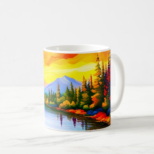 Brilliant colored drawing of sunset over lake coffee mug